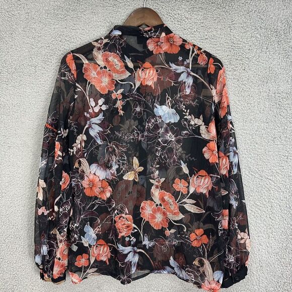Who What Wear Button Up Top Women Small Black Floral‎ Sheer Oversized Boho Art - Picture 8 of 8